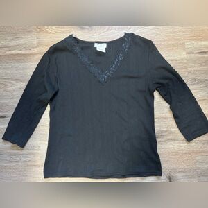 FDJ French Dressing Black Lace V-Neck 3/4 Sleeve Blouse Women’s L/G 100% Cotton